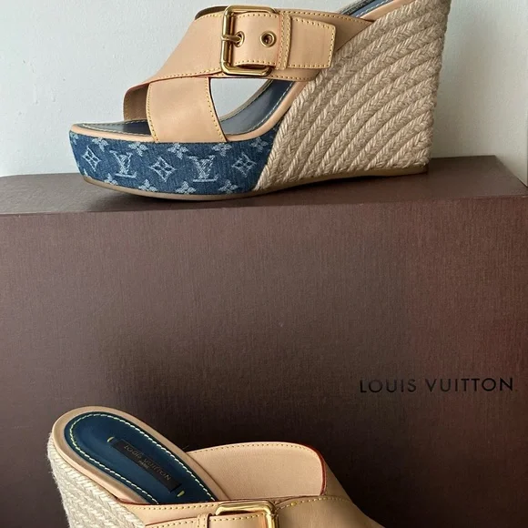 LOUIS VUITTON Denim LV Monogram Juan Les Pins Wedge Espadrille Buckle Sandals 41 - Picture 7 of 12